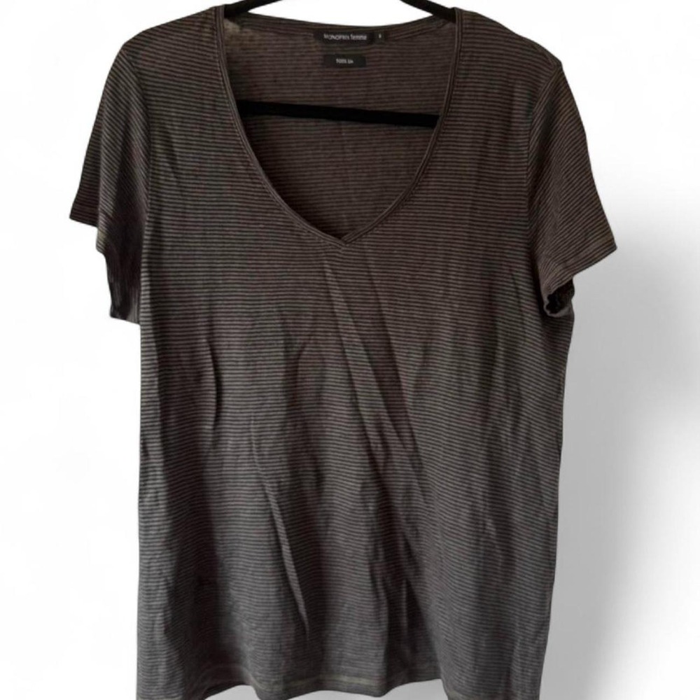 Monoprix Femme Womens 100% Linen V-Neck Striped T-Shirt Brown Black Size 3 M L